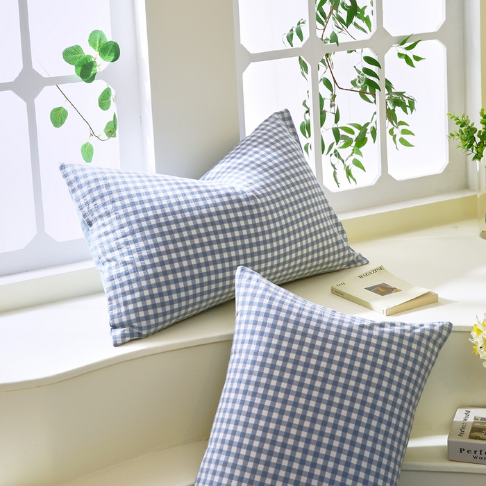 91家纺网 家纺一手货源 找家纺 春皖家纺 2026新款色织AB版水洗棉三件套四件套单品系列（单枕套风格一） 素雅-蓝小格