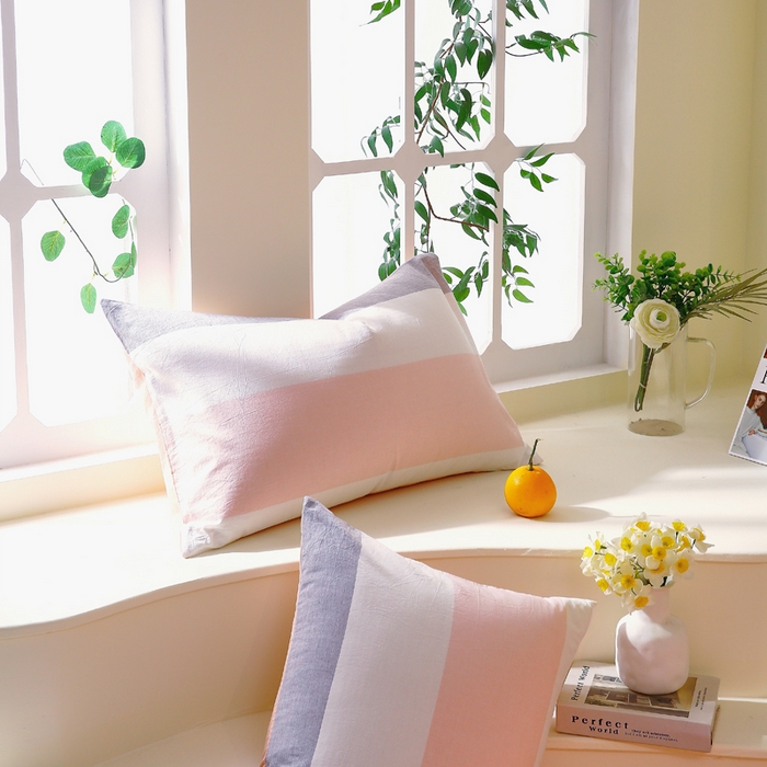 91家纺网 家纺一手货源 找家纺 春皖家纺 2026新款色织AB版水洗棉三件套四件套单品系列（单枕套风格一） 素雅-灰白条