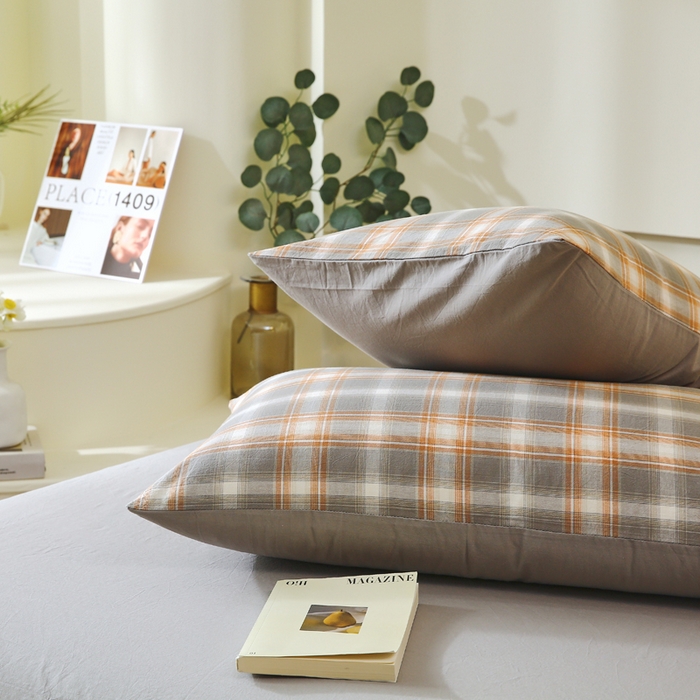 91家纺网 家纺一手货源 找家纺 春皖家纺 2026新款色织AB版水洗棉三件套四件套单品系列（单枕套风格一） 栗木-咖格