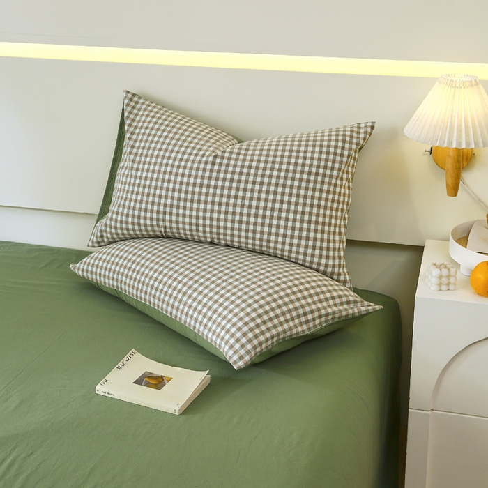 91家纺网 家纺一手货源 找家纺 春皖家纺 2026新款色织AB版水洗棉三件套四件套单品系列（单枕套风格一） 素雅-绿格
