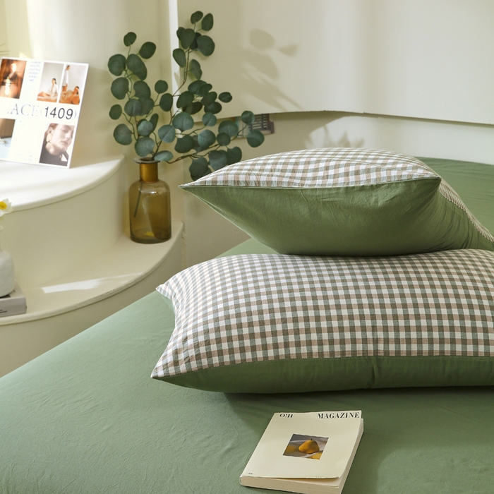 91家纺网 家纺一手货源 找家纺 春皖家纺 2026新款色织AB版水洗棉三件套四件套单品系列（单枕套风格一） 素雅-绿格