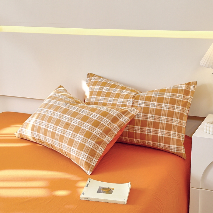 91家纺网 家纺一手货源 找家纺 春皖家纺 2026新款色织AB版水洗棉三件套四件套单品系列（单枕套风格一） 素雅-黄格