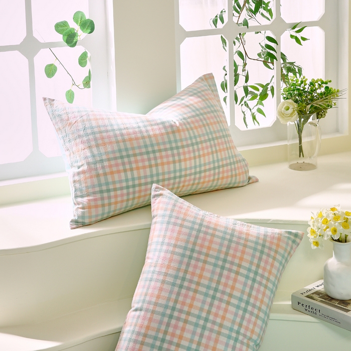 91家纺网 家纺一手货源 找家纺 春皖家纺 2026新款色织AB版水洗棉三件套四件套单品系列（单枕套风格一） 翠竹-绿格