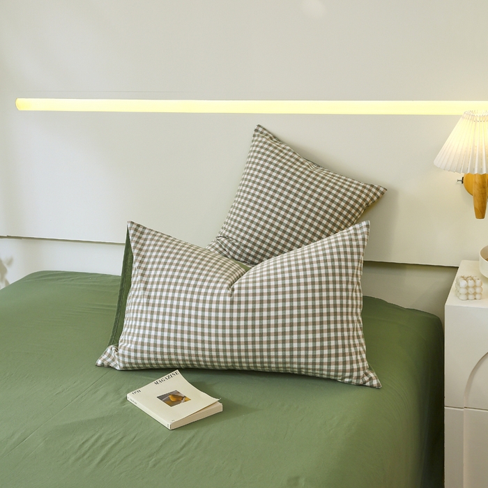 91家纺网 家纺一手货源 找家纺 春皖家纺 2026新款色织AB版水洗棉三件套四件套单品系列（单枕套风格一） 素雅-绿格