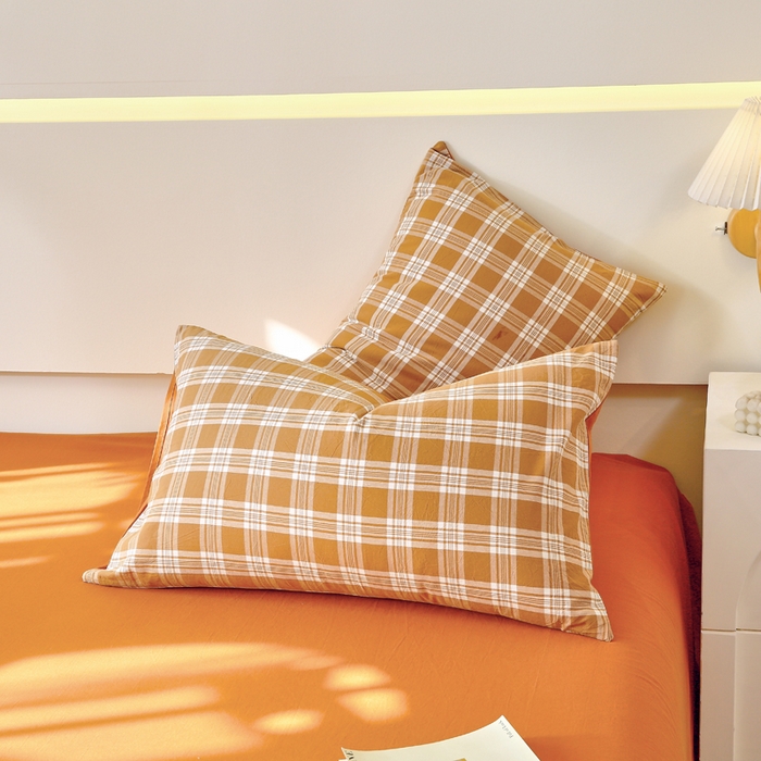 91家纺网 家纺一手货源 找家纺 春皖家纺 2026新款色织AB版水洗棉三件套四件套单品系列（单枕套风格一） 素雅-黄格