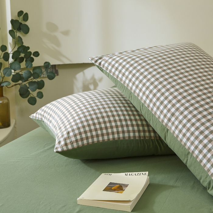 91家纺网 家纺一手货源 找家纺 春皖家纺 2026新款色织AB版水洗棉三件套四件套单品系列（单枕套风格一） 素雅-绿格