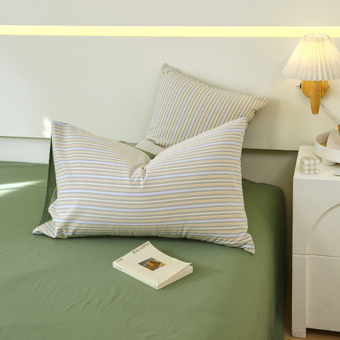 91家纺网 家纺一手货源 找家纺 春皖家纺 2026新款色织AB版水洗棉三件套四件套单品系列（单枕套风格一） 素雅-绿条