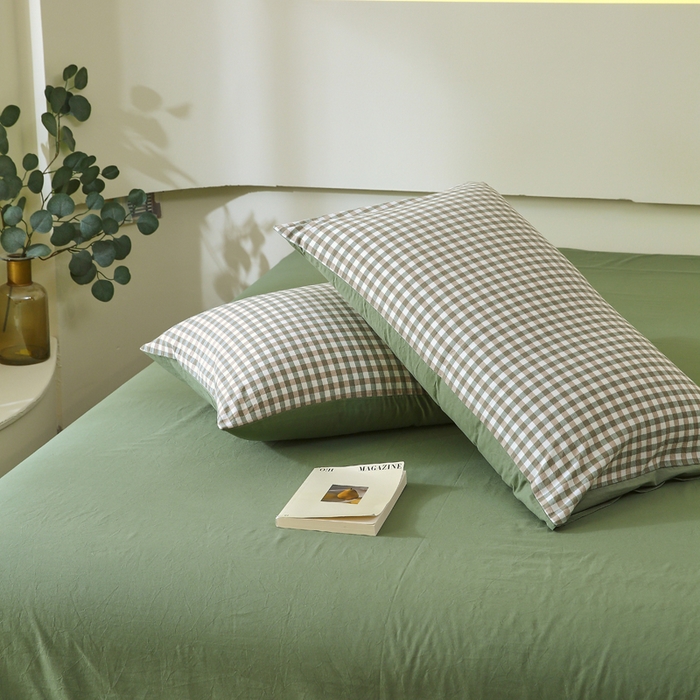 91家纺网 家纺一手货源 找家纺 春皖家纺 2026新款色织AB版水洗棉三件套四件套单品系列（单枕套风格一） 素雅-绿格
