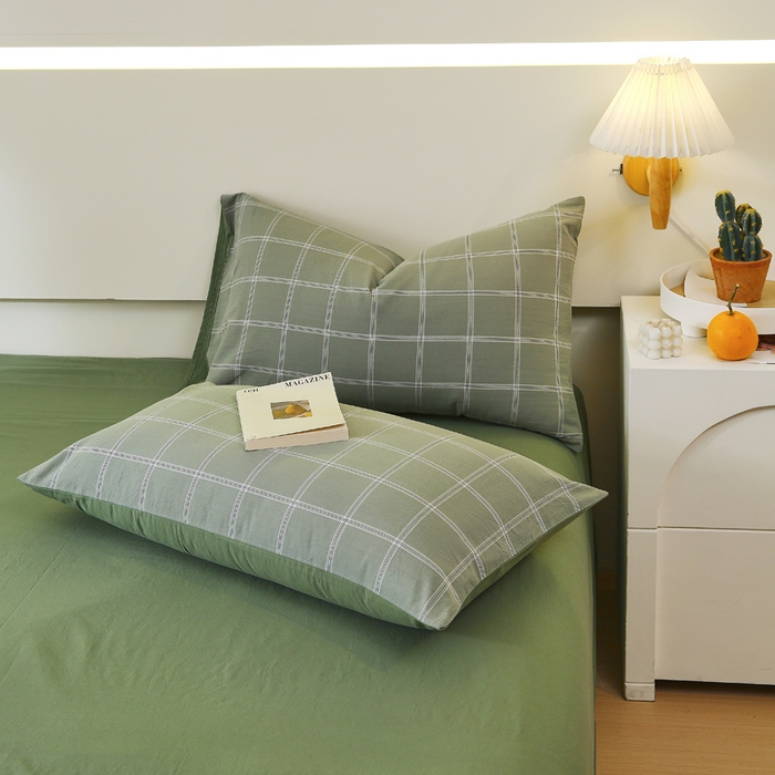 春皖家纺 2026新款色织AB版水洗棉三件套四件套单品系列（单枕套风格一） 素雅-韵绿