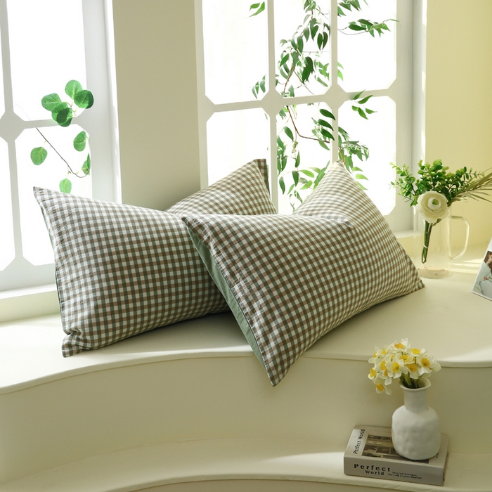 91家纺网 家纺一手货源 找家纺 春皖家纺 2026新款色织AB版水洗棉三件套四件套单品系列（单枕套风格一） 素雅-绿格