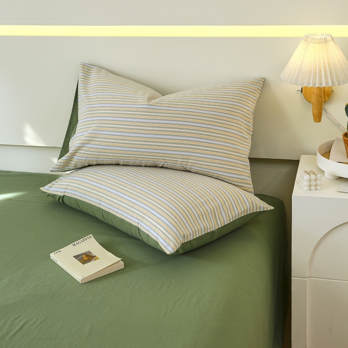 91家纺网 家纺一手货源 找家纺 春皖家纺 2026新款色织AB版水洗棉三件套四件套单品系列（单枕套风格一） 素雅-绿条