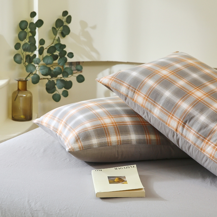 91家纺网 家纺一手货源 找家纺 春皖家纺 2026新款色织AB版水洗棉三件套四件套单品系列（单枕套风格一） 栗木-咖格