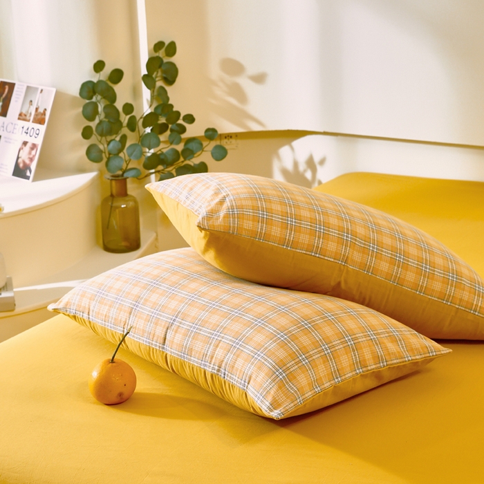 91家纺网 家纺一手货源 找家纺 春皖家纺 2026新款色织AB版水洗棉三件套四件套单品系列（单枕套风格一） 素雅-黄条