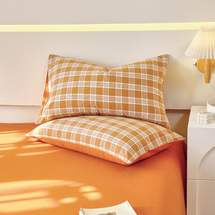 91家纺网 家纺一手货源 找家纺 春皖家纺 2026新款色织AB版水洗棉三件套四件套单品系列（单枕套风格一） 素雅-黄格