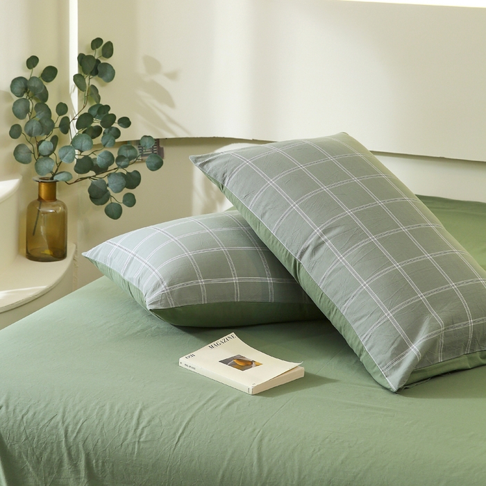 91家纺网 家纺一手货源 找家纺 春皖家纺 2026新款色织AB版水洗棉三件套四件套单品系列（单枕套风格一） 素雅-韵绿