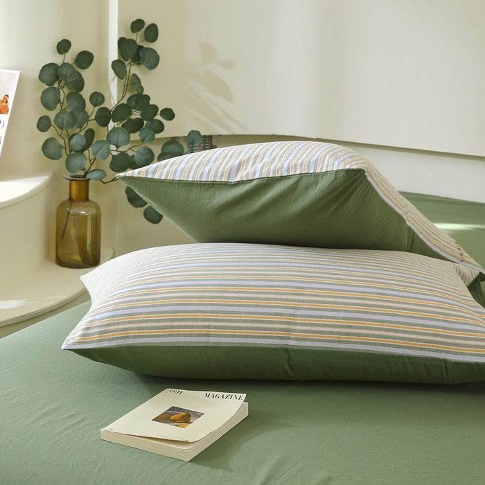 91家纺网 家纺一手货源 找家纺 春皖家纺 2026新款色织AB版水洗棉三件套四件套单品系列（单枕套风格一） 素雅-绿条