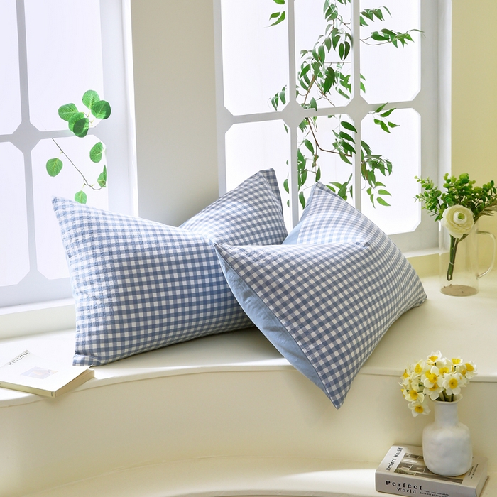 91家纺网 家纺一手货源 找家纺 春皖家纺 2026新款色织AB版水洗棉三件套四件套单品系列（单枕套风格一） 素雅-蓝小格