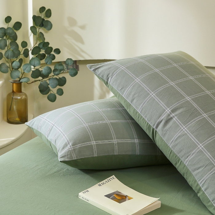 91家纺网 家纺一手货源 找家纺 春皖家纺 2026新款色织AB版水洗棉三件套四件套单品系列（单枕套风格一） 素雅-韵绿