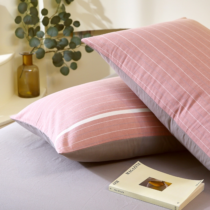 91家纺网 家纺一手货源 找家纺 春皖家纺 2026新款色织AB版水洗棉三件套四件套单品系列（单枕套风格一） 素雅-蔻粉