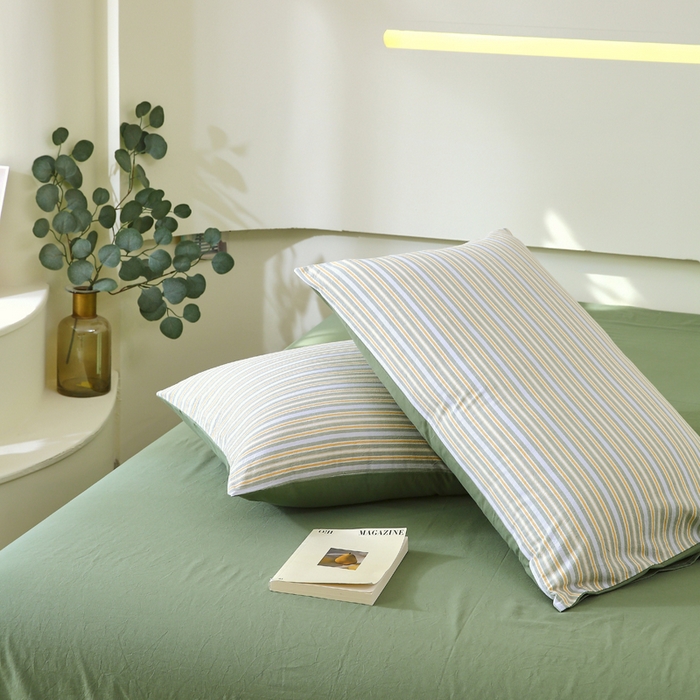 91家纺网 家纺一手货源 找家纺 春皖家纺 2026新款色织AB版水洗棉三件套四件套单品系列（单枕套风格一） 素雅-绿条