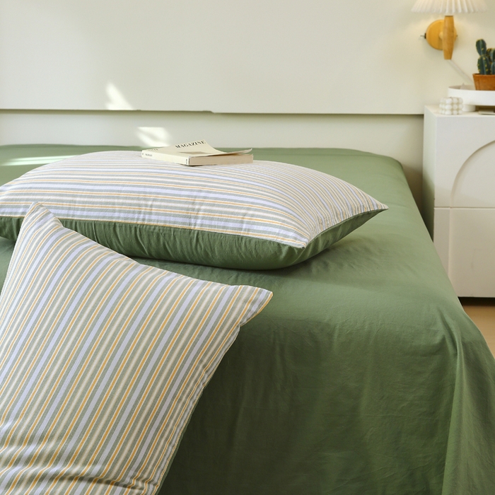 91家纺网 家纺一手货源 找家纺 春皖家纺 2026新款色织AB版水洗棉三件套四件套单品系列（单枕套风格一） 素雅-绿条