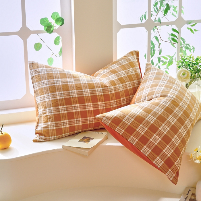 91家纺网 家纺一手货源 找家纺 春皖家纺 2026新款色织AB版水洗棉三件套四件套单品系列（单枕套风格一） 素雅-黄格