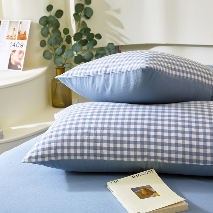 91家纺网 家纺一手货源 找家纺 春皖家纺 2026新款色织AB版水洗棉三件套四件套单品系列（单枕套风格一） 素雅-蓝小格