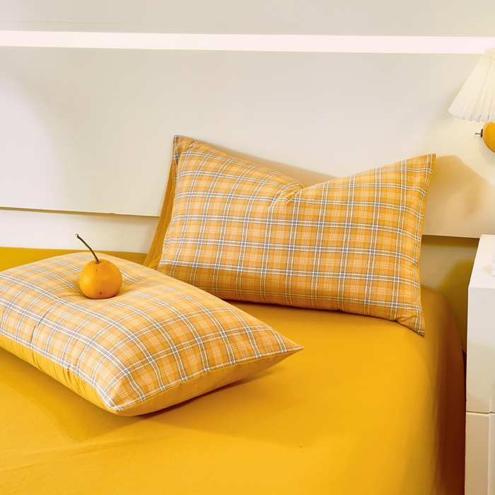 91家纺网 家纺一手货源 找家纺 春皖家纺 2026新款色织AB版水洗棉三件套四件套单品系列（单枕套风格一） 素雅-黄条
