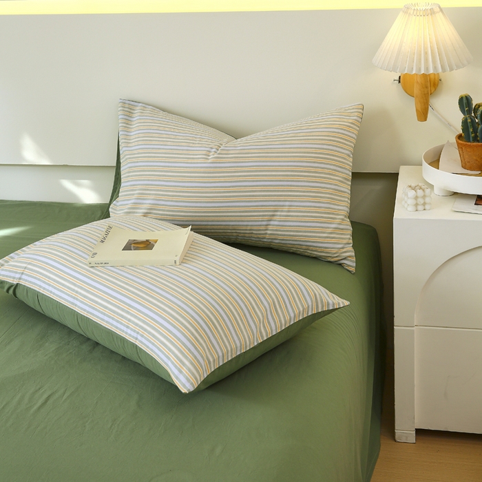 春皖家纺 2026新款色织AB版水洗棉三件套四件套单品系列（单枕套风格一） 素雅-绿条