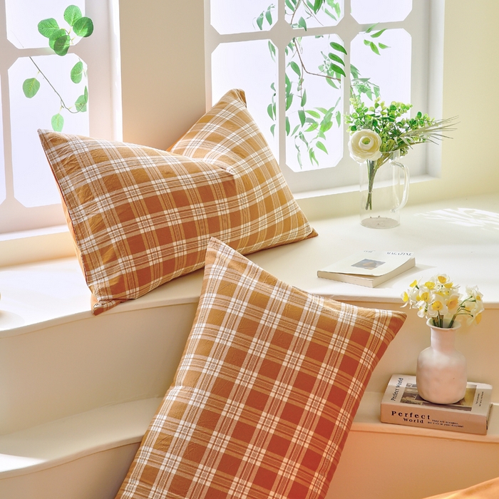 91家纺网 家纺一手货源 找家纺 春皖家纺 2026新款色织AB版水洗棉三件套四件套单品系列（单枕套风格一） 素雅-黄格