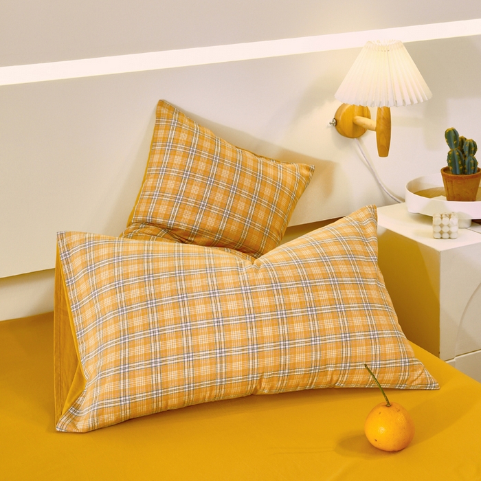 91家纺网 家纺一手货源 找家纺 春皖家纺 2026新款色织AB版水洗棉三件套四件套单品系列（单枕套风格一） 素雅-黄条