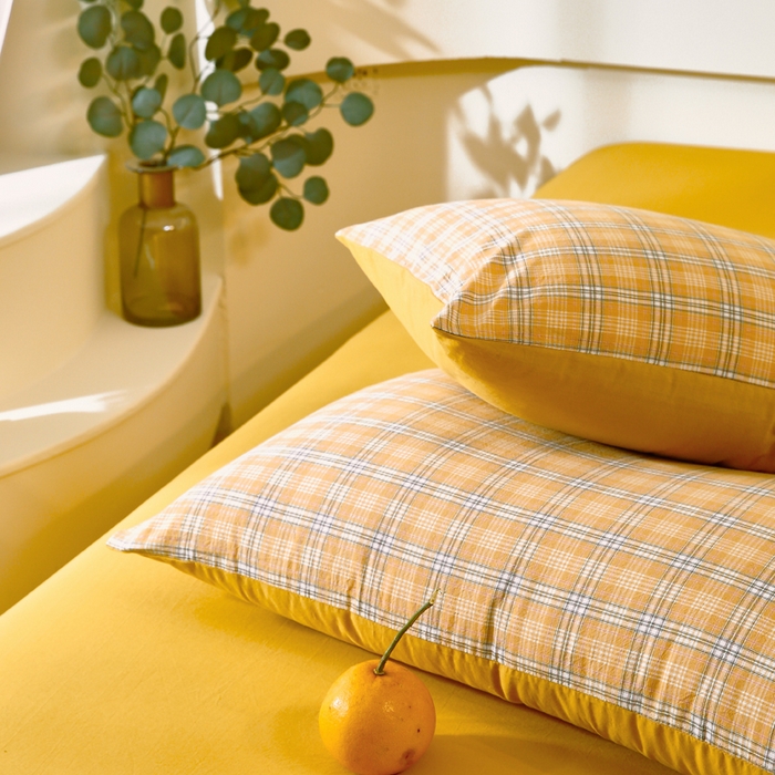 91家纺网 家纺一手货源 找家纺 春皖家纺 2026新款色织AB版水洗棉三件套四件套单品系列（单枕套风格一） 素雅-黄条