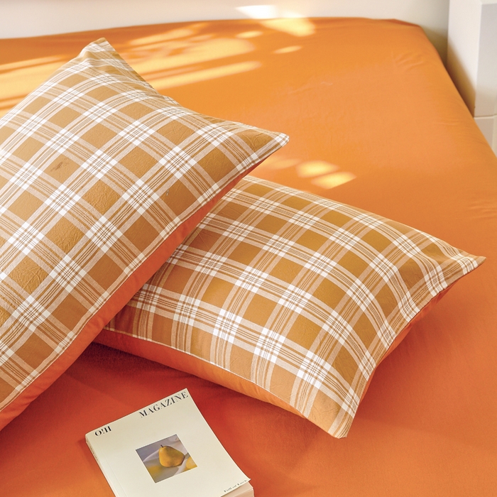 91家纺网 家纺一手货源 找家纺 春皖家纺 2026新款色织AB版水洗棉三件套四件套单品系列（单枕套风格一） 素雅-黄格