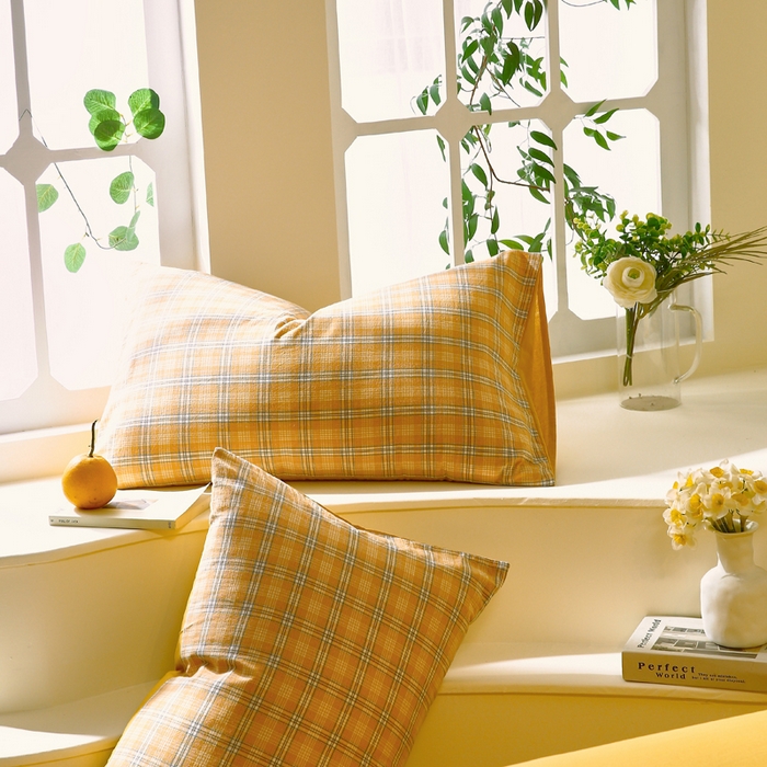 91家纺网 家纺一手货源 找家纺 春皖家纺 2026新款色织AB版水洗棉三件套四件套单品系列（单枕套风格一） 素雅-黄条