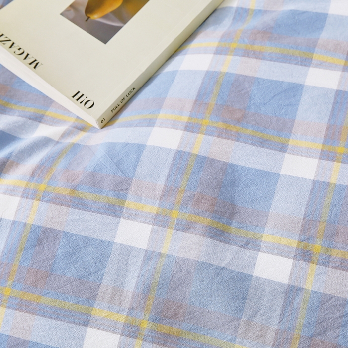 91家纺网 家纺一手货源 找家纺 春皖家纺 2026新款色织AB版水洗棉三件套四件套单品系列（单枕套风格一） 素雅-蓝格