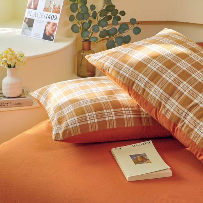 91家纺网 家纺一手货源 找家纺 春皖家纺 2026新款色织AB版水洗棉三件套四件套单品系列（单枕套风格一） 素雅-黄格