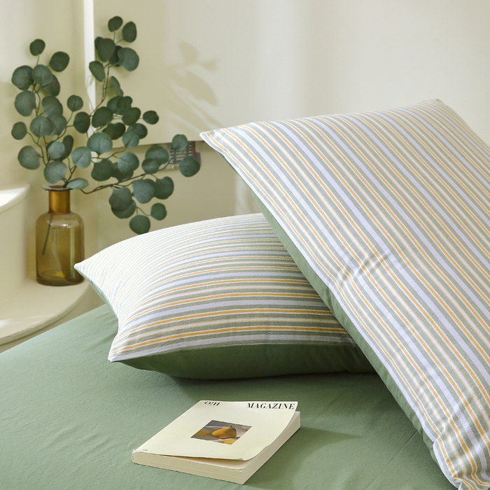 91家纺网 家纺一手货源 找家纺 春皖家纺 2026新款色织AB版水洗棉三件套四件套单品系列（单枕套风格一） 素雅-绿条