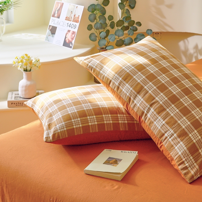 91家纺网 家纺一手货源 找家纺 春皖家纺 2026新款色织AB版水洗棉三件套四件套单品系列（单枕套风格一） 素雅-黄格