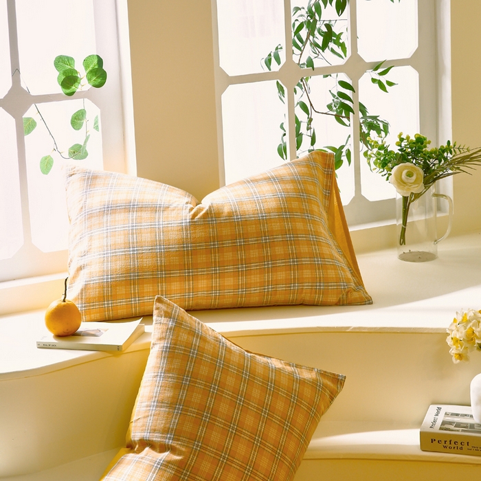 91家纺网 家纺一手货源 找家纺 春皖家纺 2026新款色织AB版水洗棉三件套四件套单品系列（单枕套风格一） 素雅-黄条