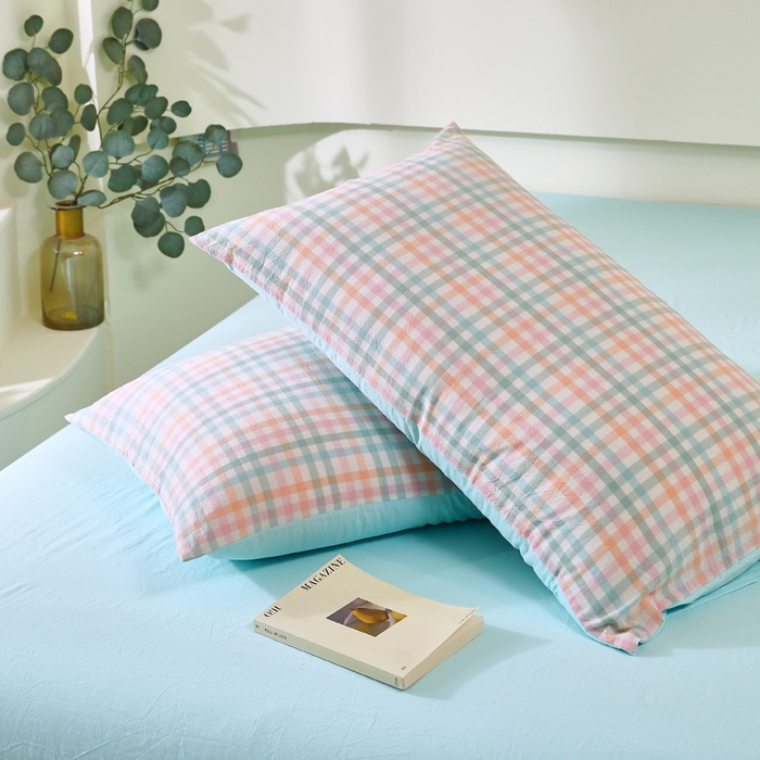 91家纺网 家纺一手货源 找家纺 春皖家纺 2026新款色织AB版水洗棉三件套四件套单品系列（单枕套风格一） 翠竹-绿格