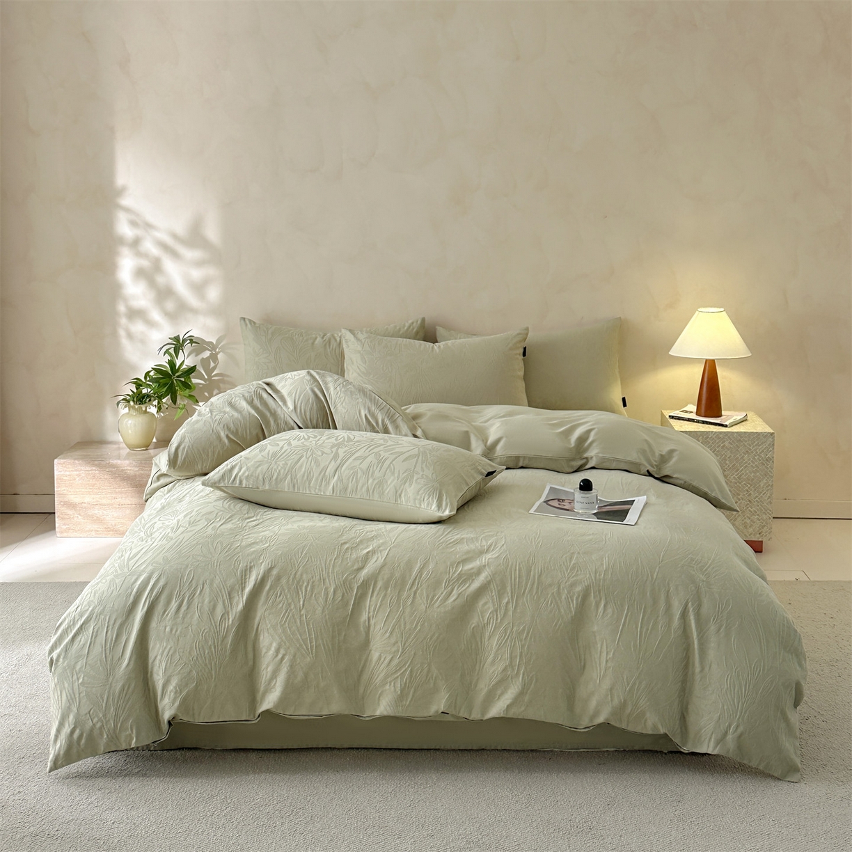 91家纺网 家纺一手货源 找家纺 恒爱家纺 2026春夏新款全棉纯棉提花四件套 向阳花开-绿