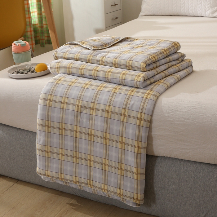 薇玛仕 2026爆款新款印花凉感丝夏凉被空调被带氨自带凉感夏被 灰黄条格