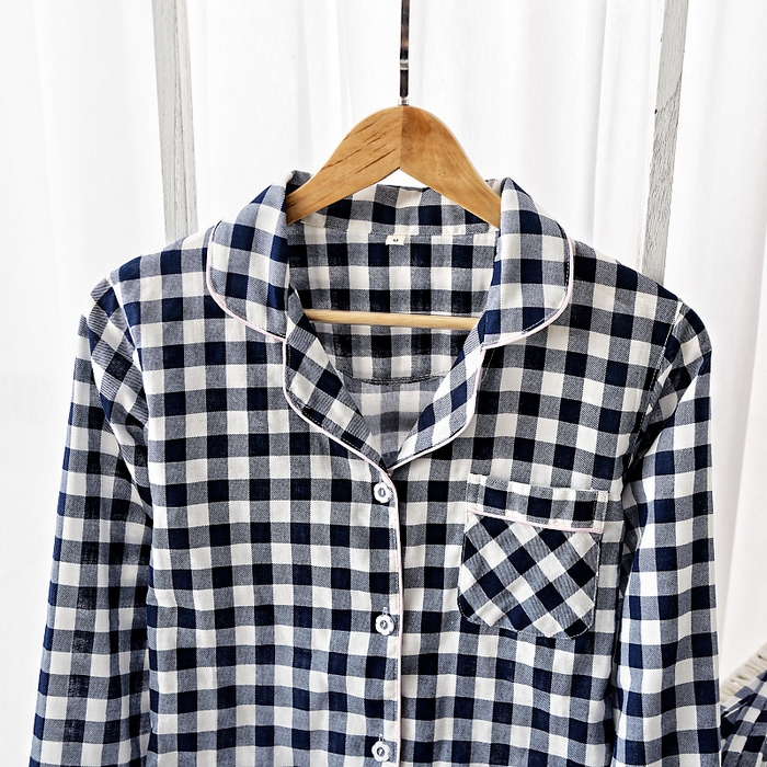 91家纺网 家纺一手货源 找家纺 （总）洛兰沙家居馆 日系无印风品质睡衣女纯棉长袖春秋薄长袖男情侣格子可外穿家居服