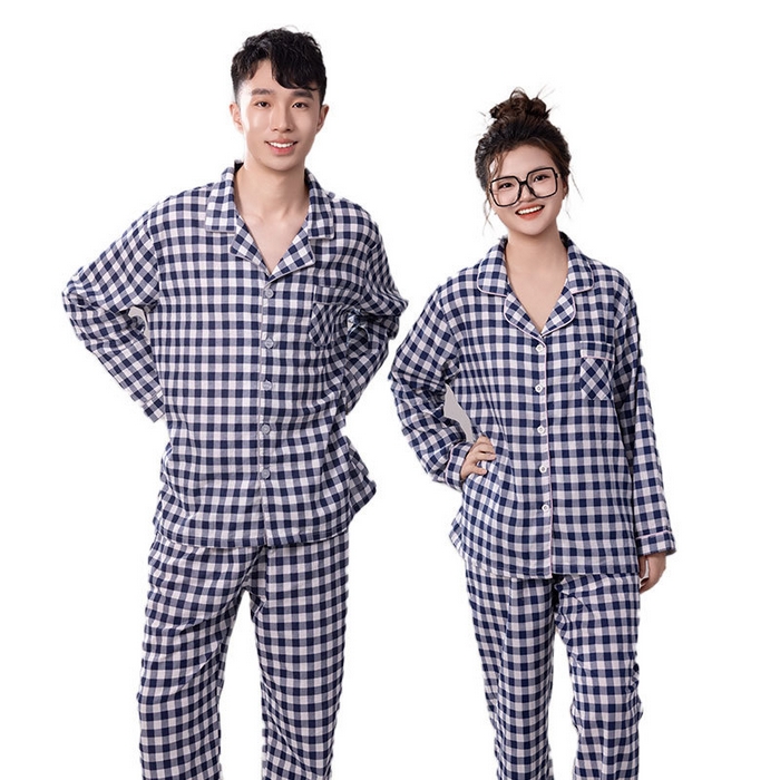 91家纺网 家纺一手货源 找家纺 （总）洛兰沙家居馆 日系无印风品质睡衣女纯棉长袖春秋薄长袖男情侣格子可外穿家居服