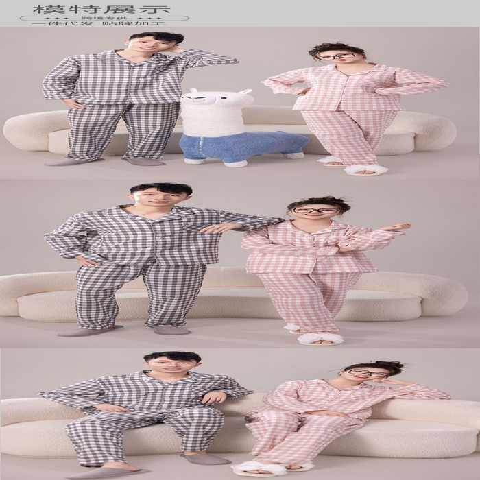 91家纺网 家纺一手货源 找家纺 （总）洛兰沙家居馆 日系无印风品质睡衣女纯棉长袖春秋薄长袖男情侣格子可外穿家居服