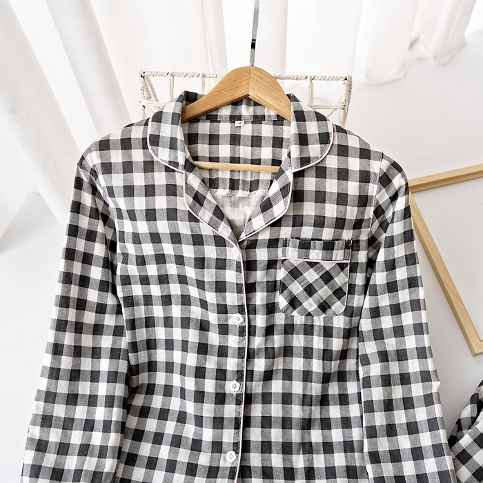 91家纺网 家纺一手货源 找家纺 （总）洛兰沙家居馆 日系无印风品质睡衣女纯棉长袖春秋薄长袖男情侣格子可外穿家居服