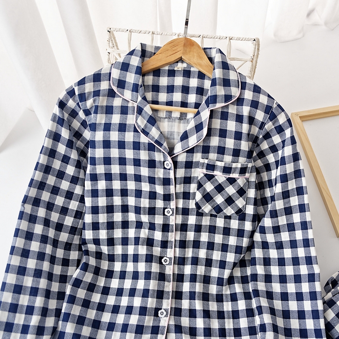 91家纺网 家纺一手货源 找家纺 （总）洛兰沙家居馆 日系无印风品质睡衣女纯棉长袖春秋薄长袖男情侣格子可外穿家居服