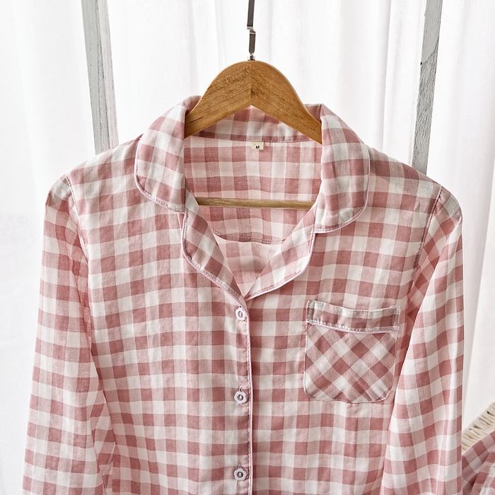 91家纺网 家纺一手货源 找家纺 （总）洛兰沙家居馆 日系无印风品质睡衣女纯棉长袖春秋薄长袖男情侣格子可外穿家居服