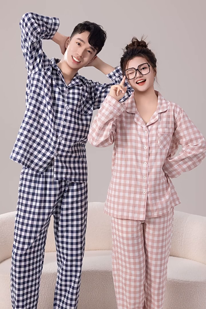 91家纺网 家纺一手货源 找家纺 （总）洛兰沙家居馆 日系无印风品质睡衣女纯棉长袖春秋薄长袖男情侣格子可外穿家居服