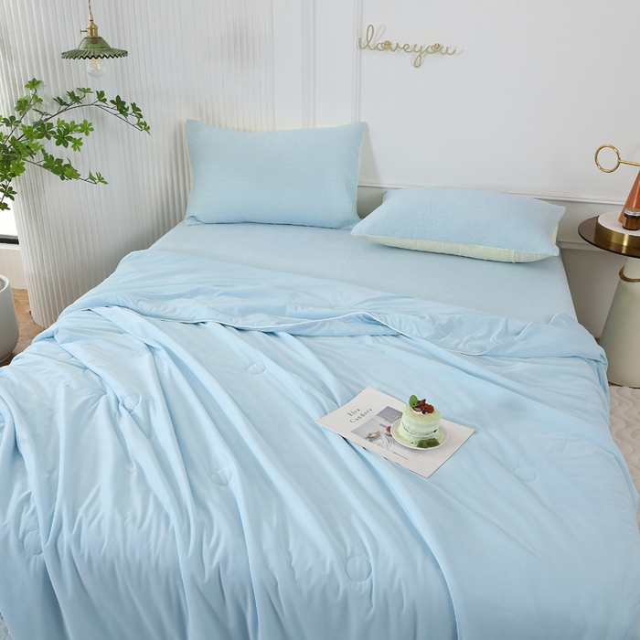 91家纺网 家纺一手货源 找家纺 薇玛仕 2026新款锦氨冰淇淋凉感丝夏凉被乳胶床单夏被四件套 冰爽蓝